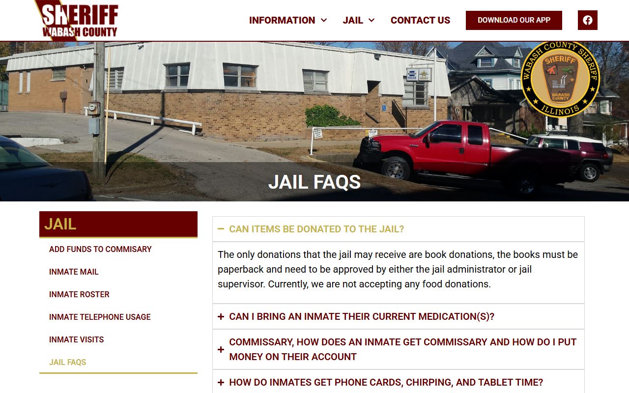 Wabash County Jail FAQ for inmate funds visits and transfer property