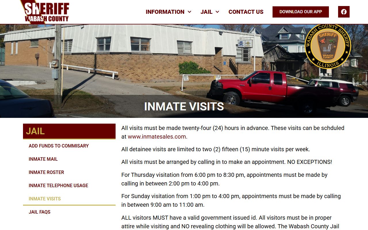 Wabash County Jail inmate visitation rules and schedule